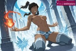 abs ai_assisted ai_generated black_hair blue_eyes blue_panties blue_thighhighs breasts brown_hair dark-skinned_female dark_skin female female_only fire full_moon hair_tubes ice kneeling korra long_hair looking_at_viewer medium_breasts moon navel night nipples panties ponytail sky smile solo stelmazura the_legend_of_korra thighhighs toned topless underwear