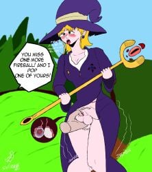 ballbusting balls balls_in_panties blonde_hair boner boner_in_underwear boner_under_clothes castration_threat cbt cloak dominatrix female/futa futanari mage magic_user squeezing_balls testicle_grab testicles testicular_bulge