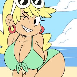 beach beautiful bent_over bikini bikini_top blonde_hair blue_sky breasts busty cleavage clothing cloud curvaceous cute day earrings eyewear eyewear_on_head female front-tie_bikini_top front-tie_top green_bikini green_swimsuit grin high_resolution hoop_earrings huge_breasts jewelry large_breasts leaning_forward legs leni_loud long_hair looking_at_viewer ocean one_eye_closed outdoors sky smile solo studiodraw sunglasses sunglasses_on_head swimsuit tagme teenage_girl the_loud_house thick_thighs thighs wink