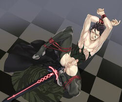 1boy anal_insertion arms_above_head bondage bound_wrists brown_hair checkered_floor clenched_eyes closed_eyes diarmuid_ua_duibhne fate/zero fate_(series) frogtie lancer male male_nipples malesub muscles on_back penis solo spread_legs sword torn_clothes