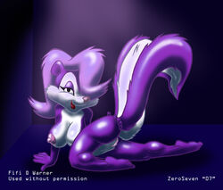 1girls anthro cleavage color female female_only fifi_la_fume fur furry looking_at_viewer nipples nude presenting purple_fur purple_hair pussy simple_background skunk smile solo tiny_toon_adventures warner_brothers zeroseven