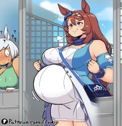 big_breasts blue_eyes blush braid braided_hair brown_hair dress female female_only fully_clothed hair_ribbon horse_ears horse_girl long_hair pregnant question_mark smile solo_focus super_creek_(umamusume) tsukiji umamusume umamusume_pretty_derby