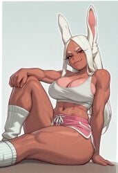 ai_generated bare_legs bare_thighs belly_button boku_no_hero_academia buff bunny_ears bunny_girl bunny_tail dark-skinned_female exposed_belly large_breasts leg_up long_hair mirko my_hero_academia mystiqueanimeart shorts sideboob sitting_down smiling_at_viewer socks sportswear tagme tanktop thick_thighs white_hair