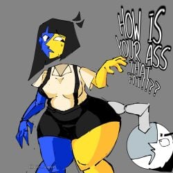 2girls ass ass_envy ass_size_talk big_ass chubby_woman ena_(orginal) ena_(series) fupa hyper hyper_ass moony_(joel_g) nervous_face nervous_sweat size_talk skindentation small_skirt text thick_thighs touching_ass vic_status