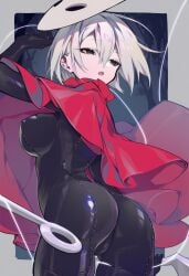 1girls 2025 2d ai_generated arched_back ass black_body black_eyes border cameltoe cloak cosplay covered_nipples cowboy_shot english_text female_only hi_res holding_weapon hollow_knight hollow_knight:_silksong hornet_(hollow_knight) hornet_(hollow_knight)_(cosplay) human large_breasts looking_at_viewer looking_back mask missedalias needle open_mouth outside_border red_cloak skin_tight sole_female solo