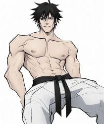 abs ai_assisted anime anime_style bara black_belt black_hair fushiguro fushiguro_touji gi hands_in_both_pockets hands_in_pockets hands_on_hips hunk jujutsu_kaisen jujutsu_kaisen_reference karate_gi large_nipple large_nipples male male_focus male_only martial_arts_uniform masculine masculine_male muscles muscular muscular_male no_shirt pecs pectorals ripped sfw shirtless shirtless_(male) shirtless_male sitting sitting_on_chair sitting_on_ground sketch smug smug_expression smug_face smug_grin smug_smile sorcerer spiky_hair toji_fushiguro
