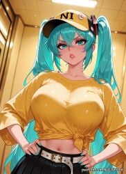 2026 ai_generated anime aqua_eyes aqua_hair aqua_nails belt black_skirt breasts cleavage covered_nipples crossover eye_contact female female_focus female_only hands_on_hips hat hatsune_miku highres huge_breasts indoors inside large_breasts long_hair looking_at_viewer midriff nail_polish navel nsfw patreon rognezart shirt skirt solo tied_shirt twintails very_long_hair vocaloid white_belt yellow_shirt