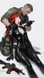 1boy 1girls ai_art ai_generated assault_rifle blood blood_in_mouth corpse cut_throat death defeated_villainess dying female_combatant female_villain freckles freckles_on_face ginger ginger_female ginger_hair grok grok_imagine headphones headset nazi nazi_uniform racist racist_woman red-haired_female red_hair redhead redhead_female redheaded_female rifle slit_throat snuff third-party_edit third_party_edit villainess zako
