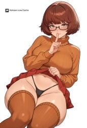 1girls artist_name big_breasts black_glasses black_thong blush bottomwear breasts brown_eyes brown_hair cetta_(cettadvd) clothing eyewear female female_only freckles freckles_on_face freckles_on_thighs glasses hair hips legwear orange_sweater orange_thighhighs red_skirt scooby-doo short_hair skirt skirt_lift skirt_up smile solo solo_female thick_thighs thighhighs thighs thong topwear velma_dinkley white_background wide_hips