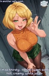 ai_assisted ai_generated ashley_graham ashley_graham_(ella_freya) big_breasts blonde_female blonde_hair blowjob_gesture breasts caption clothed clothed_female comic curvy curvy_body curvy_female fellatio_gesture female female_focus female_only green_eyes half-closed_eyes large_breasts leaning_forward looking_at_viewer moonwool_branch open_mouth resident_evil resident_evil_4 resident_evil_4_remake seductive seductive_eyes seductive_look seductive_mouth seductive_pose seductive_smile short_hair smile smiling solo solo_female solo_focus standing talking talking_to_viewer thick_ass thick_thighs thighs tongue tongue_out uncensored