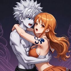 1boy 1boy1girl abs age_difference ai_generated blue_eyes cheerleader_outfit crossover crossover_pairing crossover_shipping fangs female hazel_eyes hunter_x_hunter imminent_bite interspecies killua_zoldyck male male/female nami_(one_piece) older_female_and_younger_male one_piece orange_hair pale-skinned_male straight tattoo teenager vampire voluptuous_female white_hair