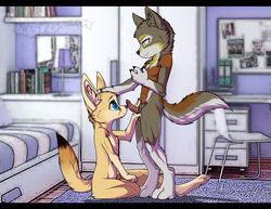 anthro bed blue_eyes canine cute fennec folf fox fur furry hybrid knot male male_only multiple_males no_humans penis taag_(character) wolf wolgram yaoi yellow_eyes