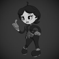 alsogmg big_ass big_butt black_and_white black_clothing black_pants black_shirt black_shorts female gloves hands_on_hips long_arms noodle_arms original original_character pac-man_eyes pie_cut_eyes pointing rubberhose shortstack tie toony white_body white_face white_skin