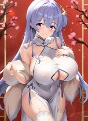 1girls asanagi_shion azur_lane bare_shoulders blush breasts china_dress chinese_clothes clothing_cutout covered_navel covered_nipples cowboy_shot dress feather_boa female fur_shawl garter_straps hair_between_eyes hair_ornament highres large_breasts long_hair looking_at_viewer official_alternate_costume pelvic_curtain purple_eyes purple_hair rodney_(azur_lane) rodney_(immaculate_beauty)_(azur_lane) shawl sidelocks skindentation sleeveless sleeveless_dress smile solo standing stockings thighhighs underboob underboob_cutout very_long_hair white_legwear