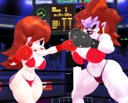 2girls 3d arena bikini black_boxing_gloves black_gloves block blocking boxing boxing_gloves boxing_ring brown_hair demon demon_girl demon_horns duo duo_female duo_focus female female_only fighting_ring friday_night_funkin girlfriend_(friday_night_funkin) gloves josugomezofficialnew kabalmystic long_hair long_hair_female mmd mommy_mearest mother_and_daughter punch punching purple_skin red_boxing_gloves red_gloves tagme