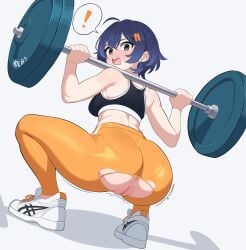 ! absurdres ahoge ass barbell bare_shoulders belle_(zenless_zone_zero) black_sports_bra blue_hair blush breasts earrings exercising female from_behind hair_between_eyes hair_ornament highres holding jewelry looking_back maidcousin medium_breasts motion_lines open_mouth orange_pants pants pussy shoes sneakers spoken_exclamation_mark sports_bra squatting torn_clothes torn_open_bottoms torn_pants uncensored wardrobe_malfunction white_footwear yoga_pants zenless_zone_zero