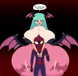 1boy 1girls big_breasts breasts breasts_bigger_than_head capcom crossover darkstalkers eastern_and_western_character english_text female green_hair head_wings hips huge_breasts hyper_balls hyper_thighs large_breasts male marvel marvel_comics marvel_vs._capcom marvel_vs._capcom_2 massive_hips mini_comic morrigan_aensland smib spider-man spider-man_(series) succubus text thick_ass thighs_bigger_than_head wide_hips wings