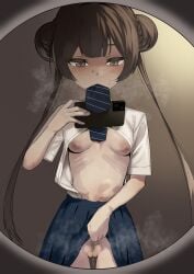 absurdres bar_censor blue_archive braid braided_bun breasts cellphone censored clothes_lift covered_mouth double_bun erory6_(ro) grey_eyes grey_halo hair_bun halo highres holding holding_phone kisaki_(blue_archive) looking_at_mirror looking_at_phone mirror mirror_selfie necktie nipples no_bra no_panties phone pleated_skirt pussy pussy_juice school_uniform selfie skirt skirt_lift small_breasts smartphone