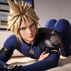 1boy 1femboy 3d ai_generated ass blonde_hair blue_bodysuit bodysuit cloud_strife cosplay femboy feminine feminine_male final_fantasy_vii_remake girly male_only solo solo_male tagme trap