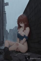 1girl absurdres after_rape ai_generated auburn_hair bruise cum cum_leaking female female_only forced freckles moonbrideai raining rape rape_victim red_hair scratches tears torn_clothing