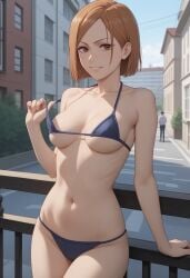 1girls ai_generated breasts brown_eyes brown_hair female female_only human jujutsu_kaisen kugisaki_nobara midriff navel robinlover smile solo tagme