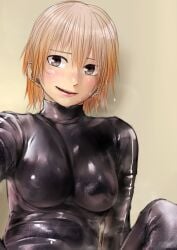 blonde_hair blush kilye_4421 latex_bodysuit looking_at_viewer medium_breasts sweat