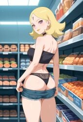 ai_generated ass_cheeks blonde_female blonde_hair boruto:_naruto_next_generations boruto:_two_blue_vortex choker delta_(boruto) forehead_mark looking_at_viewer looking_over_shoulder naruto_(series) panties pink_eyes public_exposure public_indecency pulling_down_pants pulling_down_shorts pulling_shorts_down shorts showing_ass smile smiling tight_shorts topwear visible_underwear yellow_lipstick