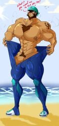 archie_(pokemon) balls bara beard bulge chest_hair coolneko facial_hair flaccid headkerchief male male_only muscles muscular nintendo penis pokemon shirtless solo solo_male team_aqua text