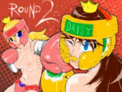 2girls blonde_hair boxing boxing_gloves boxing_headgear breasts brown_hair catfight cheek_punch color crown duo elbow_gloves eyebrows_visible_through_hair eyes_visible_through_hair female female_only gloves hair_between_eyes half-closed_eye headgear human light-skinned_female lips long_hair mario_(series) mostly_nude mouth_guard mouthguard multiple_females multiple_girls nintendo nipples pale-skinned_female pale_skin panties parted_bangs pink_boxing_gloves pink_boxing_headgear pink_gloves pink_panties princess_daisy princess_peach pugilismx punch shiny_hair shiny_skin shoulder_length_hair straight_hair text topless topless_boxing wide_eyed wide_hips yellow_boxing_gloves yellow_boxing_headgear yellow_gloves