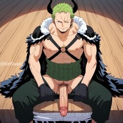 abs ai_generated balls bara biceps big_balls big_penis clothing erection green_hair kirisword male male_nipples male_only manly muscular_male nipples one_piece pecs penis roronoa_zoro scar