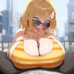 1boy 1girls ai_generated ameanon big_breasts blonde_hair blue_eyes breasts cleavage gigantic_breasts hands_on_breasts hololive hololive_english hololive_myth huge_breasts large_breasts looking_at_viewer looking_over_eyewear looking_over_sunglasses mommy paizuri penis pov precum sideboob smile sunglasses tinted_eyewear virtual_youtuber vtuber watson_amelia