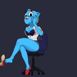 alexpir blue_skin bra breasts cartoon_network catgirl nicole_watterson office office_chair office_lady red_shoes shirt shirt_open skirt_up the_amazing_world_of_gumball wet