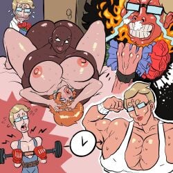 1girl 1girls 2boys 2boys1girl angry bald bald_man barbell big_ass big_ass_(male) big_breasts big_butt blonde blonde_hair cheating cheating_wife cucked cuckold cuckolding dark-skinned_male ginger ginger_hair huge_ass huge_butt husband_and_wife lewdbeef lifting_weights male married_couple muscular muscular_male red_hair weight_lifting