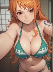 ai_generated breasts brown_eyes earrings female female_only hair long_hair midriff nami nami_(one_piece) navel one_piece orange_eyes orange_hair robinlover smile solo solo_female tagme