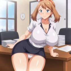 ai_generated anime_style big_breasts blue_eyes blush brown_hair busty cleavage collar creatures_(company) curvy facing_viewer female female_only game_freak hi_res highres may_(pokemon) may_(pokemon_oras) nintendo office office_lady panties pantyshot pokemon pokemon_(game) pokemon_oras pokemon_trainer pony_diffusion_xl secretary seraphim_ai skirt smile solo stable_diffusion thick_thighs thong upskirt white_panties white_shirt white_thong