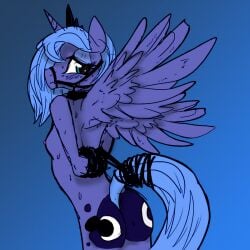 1:1 2014 alicorn anthro anthrofied ass biped blue_body blue_feathers blush bodily_fluids bondage bondage bound breasts bridle crown cutie_mark equid equine feathered_wings feathers female friendship_is_magic hair hands_behind_back hasbro headgear horn mammal mirapony my_little_pony mythological_creature mythological_equine mythology nipples nude petplay ponyplay princess_luna_(mlp) raised_tail roleplay rope side_boob simple_background solo standing submissive submissive_female sweat tail tail_bondage tail_tied white_background wings