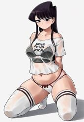 ai_generated female_only kneeling komi-san_wa_komyushou_desu komi_shouko on_ground posing see-through simple_background t-shirt thighhighs