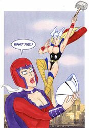 2girls avengers breasts_out clothed erik_lehnsherr female female_only genderswap genderswap_(mtf) hammer human human_only joe_gravel light-skinned_female light_skin magneto marvel max_eisenhardt mjolnir multiple_girls nipples rule_63 thor_(marvel) thor_(series) x-men