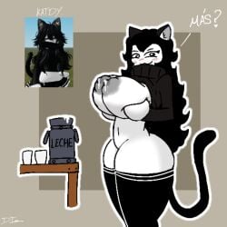 1girls areolae big_breasts black_clothing breasts catgirl dibuinsano_(artist) katdy_(dibuinsano) lactating lactation milk nipples reference_image roblox roblox_avatar robloxian simple_background solo spanish_text standing sweater tagme thighhighs thighs