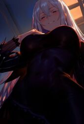 1girls ai_generated artist_request assertive_female big_breasts black_dress dominant_female echidna_(re:zero) evil_grin female female_focus femdom hourglass_figure imminent_rape long_hair looking_down looking_down_at_viewer pov re:zero_kara_hajimeru_isekai_seikatsu smile smirking smug smug_grin thick_thighs tight_clothing voluptuous white_hair yellow_eyes