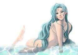 1boy androgynous bishoujo_senshi_sailor_moon color dead_moon femboy fish_eye haruki_teiuno long_hair male male_only nude pale_skin partially_submerged side_view solo teal_hair water