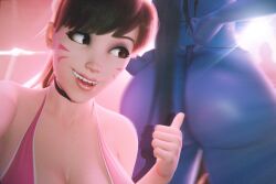 2girls 3d 3d_(artwork) amelie_lacroix asian asian_female ass big_ass big_breasts big_butt blender blender_(software) blizzard_entertainment blue-skinned_female blue_skin breasts d.va european european_female female female_focus female_only french french_female front_view hana_song korean korean_female light-skinned_female light_skin multiple_females multiple_girls overwatch overwatch_2 render u3d widowmaker