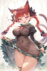 1girl 1girls 2_tails ai_assisted ai_generated big_breasts black_dress blush bows braid breasts cat_ears cat_tail catgirl double_ear double_tail erect_nipples heart-shaped_pupils heart_symbol human_and_animal_ears lifting_skirt looking_at_viewer navel nipples_visible_through_clothing orin_(touhou) painted_nails pointy_ears pussy_juice rainot red_hair rin_kaenbyou solo solo_female tongue touhou transparent_clothing twin_braids visible_nipples wet_pussy