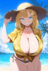 ai_generated ameanon beach big_breasts bikini bikini_under_clothes black_bikini blonde_hair blue_eyes breasts cleavage hawaiian_shirt hololive hololive_english hololive_myth huge_breasts large_breasts looking_at_viewer mommy side-tie_bikini_bottom smile straw_hat thick_thighs virtual_youtuber vtuber watson_amelia