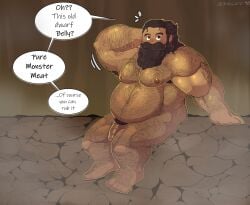 balls bara beard body_hair buccaner98 delicious_in_dungeon dungeon_meshi dwarf facial_hair flaccid male male_only muscles nude penis senshi_(dungeon_meshi) solo solo_male speech_bubble steam