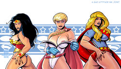 2011 3girls areolae ass bad_attitude_ink black_hair blonde_hair blue_eyes dat_ass dc dc_comics erect_nipples_under_clothes female female_only jose_ivan_negron justice_league kara_zor-el kara_zor-l large_breasts long_hair looking_back multiple_girls nipple_slip pokies power_girl rear_view short_hair supergirl superman_(series) undressing wonder_woman wonder_woman_(series)