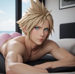 1boy 1femboy 3d ai_generated ass blonde_hair blue_bodysuit cloud_strife cosplay femboy feminine feminine_male final_fantasy_vii_remake girly ikntlive laying_down male_only pink_leggings pink_yoga_pants sissy solo solo_male tagme trap yoga_pants