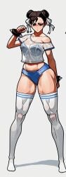 action_pose ai_generated alternate_costume chun-li female_only see-through_clothing stockings street_fighter_v t-shirt thighhighs