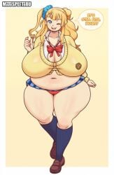 1girls ass_visible_through_thighs bbw blonde_hair boob_window chubby chubby_female cleavage female female_only galko looking_at_viewer matospectoru navel open_mouth oshiete!_galko-chan panties sagging_breasts skirt slightly_chubby solo solo_focus text thick_thighs thighs wide_hips