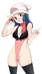 1girls :o adapted_costume artist_name beanie blue_eyes blue_hair blush bra breasts cleavage cowboy_shot creatures_(company) dawn_(pokemon) game_freak hair_ornament hat hi_res leotard looking_at_viewer matching_hair/eyes nintendo open_mouth pabsmikan poke_ball poke_ball_(basic) pokemon pokemon_dppt scarf sidelocks simple_background small_breasts solo standing teasing white_background